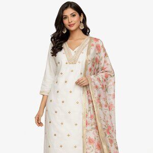 Elegant Ivory Cotton-Silk Kurta Set with Floral Dupatta
